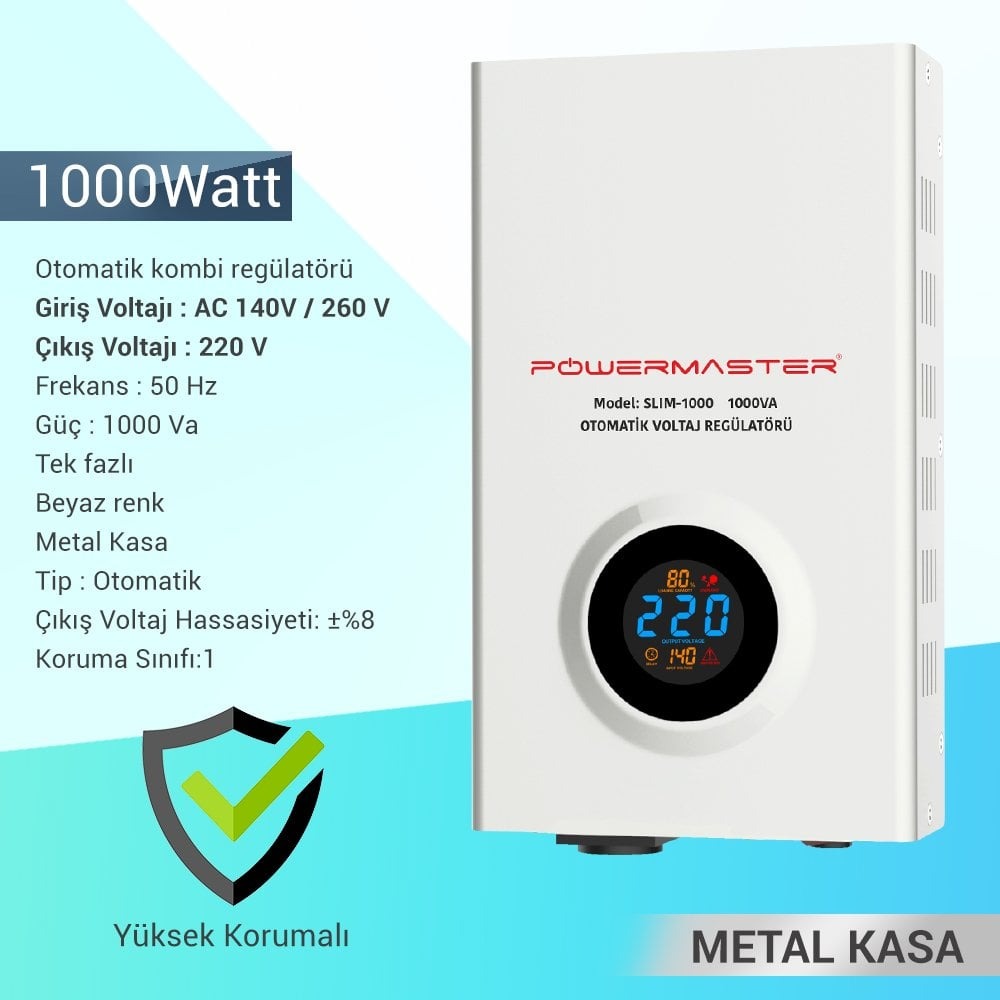 Powermaster%20SLIM-1000%20Otomatik%201000%20Watt%20Voltaj%20Regülatörü%20Kombi%20ve%20Elektronik%20ürünler%20için%20Uygundur