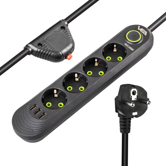 VA-21559 4’Lü 1.5 Metre Kablolu 3 USB’Li Siyah Akım Korumalı Priz