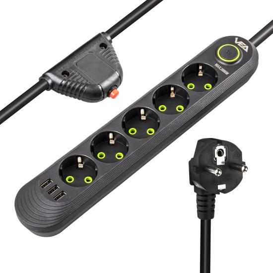TC-21561 5’Li 1.5 Metre Kablolu 3 USB’Li Siyah Akım Korumalı Priz