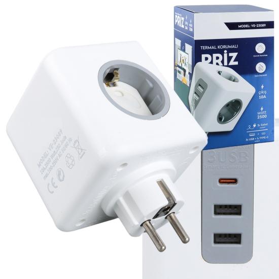 Akım Korumalı Kablosuz Grup Priz, 3’lü Priz, 2 Usb, Type-C 2500W, 250 Joule,10 Amper, Termal Koruma Sigortalı, Çocuk Korumalı, Topraklı